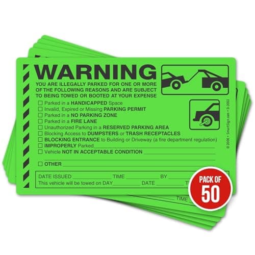 Parking Violation Stickers For Enforcement of Illegal Parking Infractions / Very Hard To Remove and Super Sticky Permanent Adhesive (50 Pack) 8" x 5"