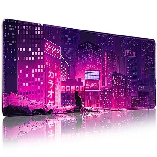 Gaming Laptop Mouse Pad,Sea Wave Big Mice Pads PC Keyboard Waterproof and Non-Slip 31.5" x 11.9" 0.12" Thick XL,XXL Rubber Table Mat, Purple Cyberpunk City Night View