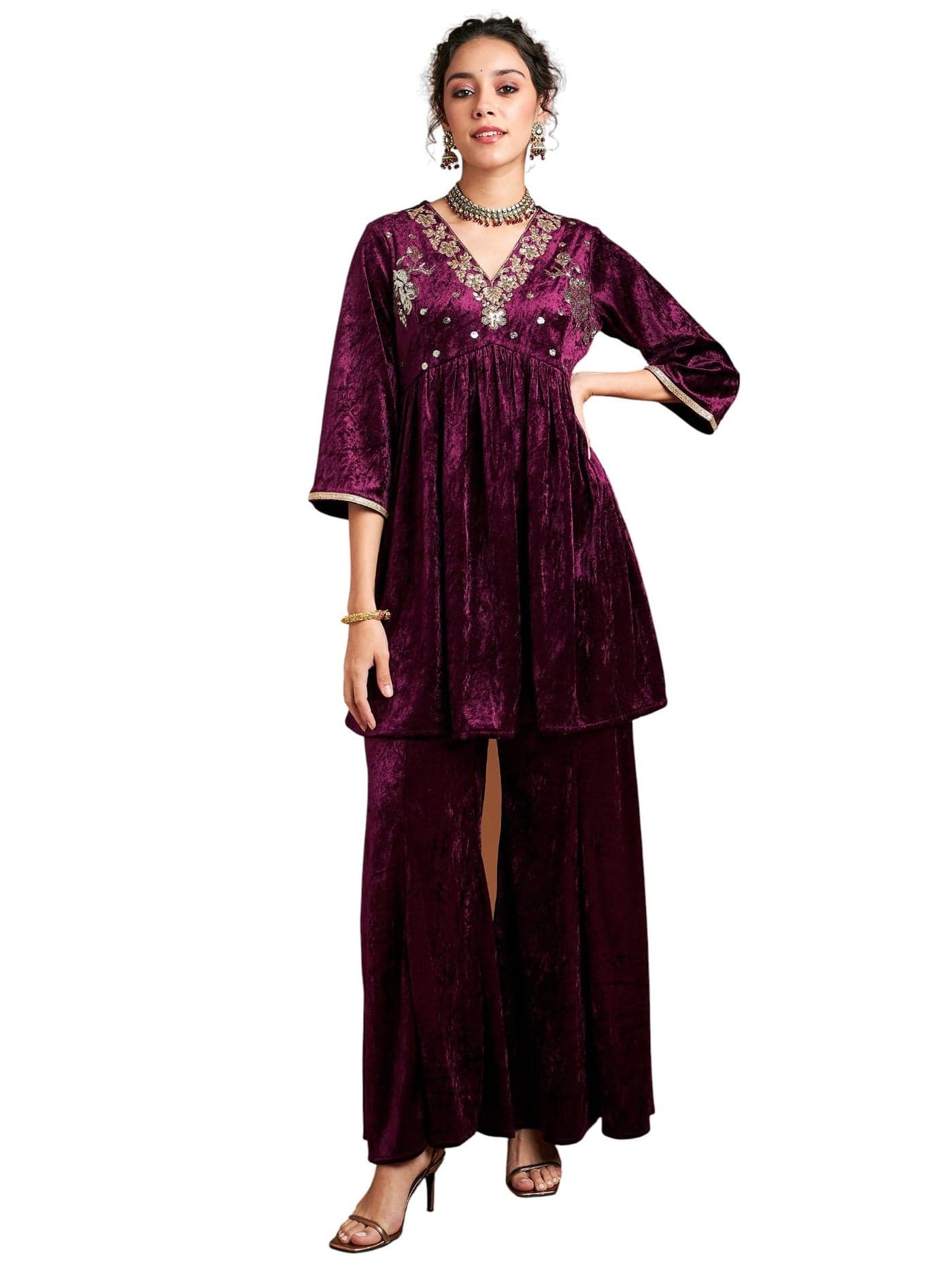 Shae by SASSAFRAS WomenPurple Velvet Embroidered Top With Palazzos -XS