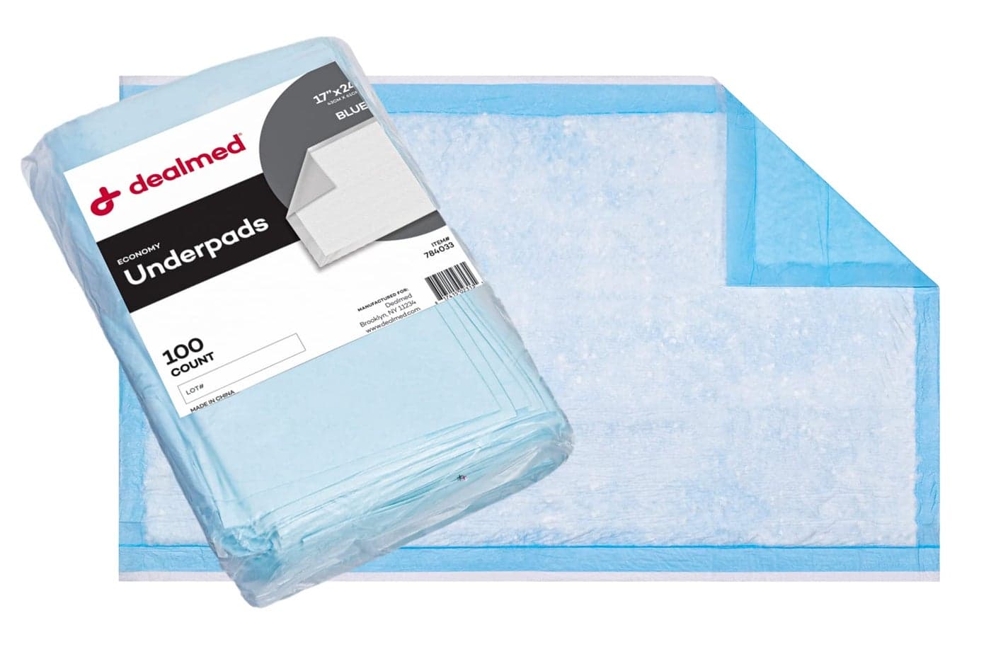 Dealmed 100 Count Economy Absorbency Disposable Underpads 2Ply Tissue Fill 17 X 24 Blue Perfect as Pet Pads Puppy Training Medical Table Barrier Liquid Accident 100 Pads