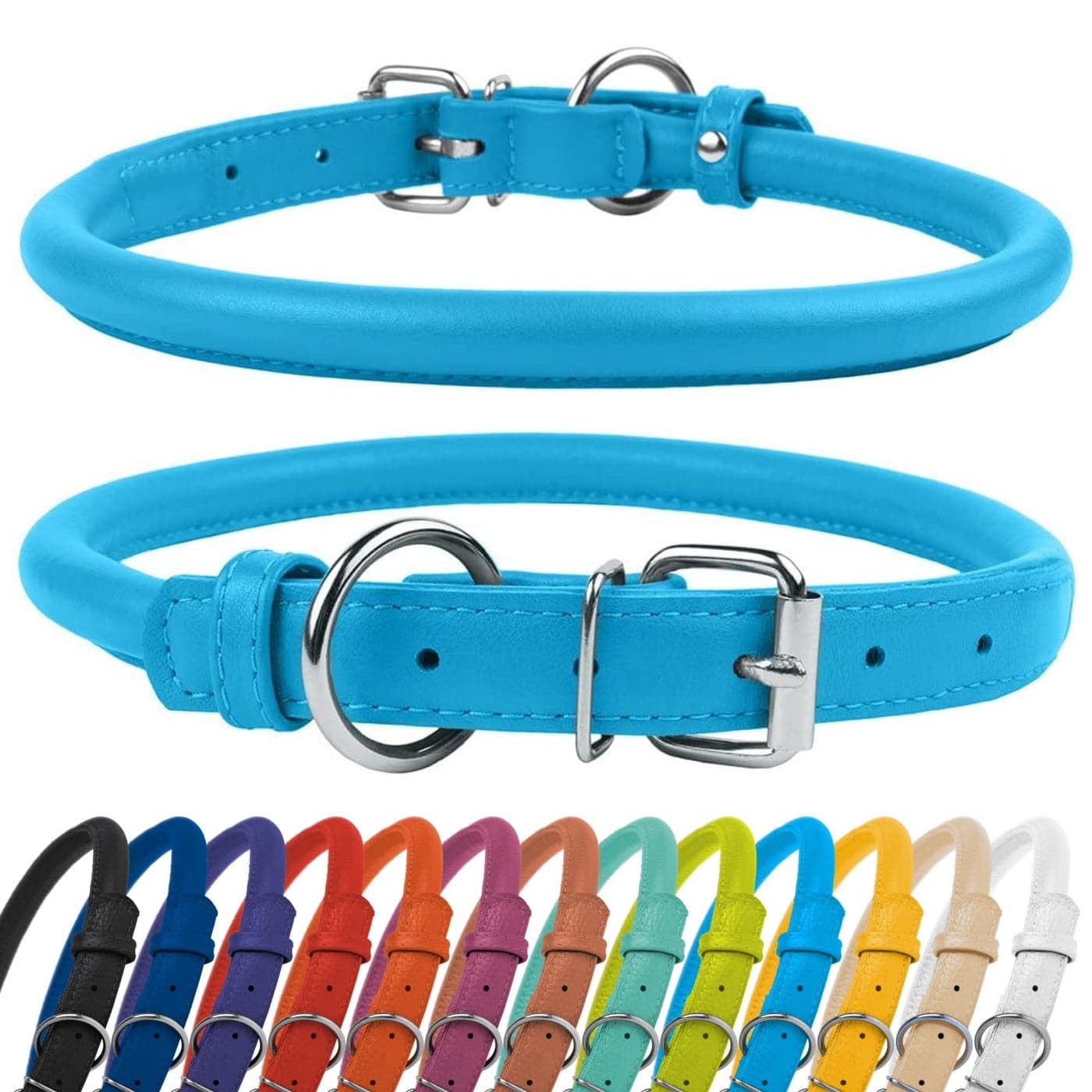 CollarDirect Rolled Leather Dog Collar, Soft Padded Round Puppy Collar, Handmade Genuine Leather Collar Dog Small Large Cat Collars 13 Colors (6-7 Inch, Light Blue Textured)