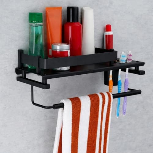 Arena Stainless Steel 3 in 1 Bathroom Shelf Shelves Tumbler Holder | Towel Bar and Toothpaste Stand and Napkin Hanger Bathroom Accessories for Home Black - (15 * 5 Inch - Pack of 1)