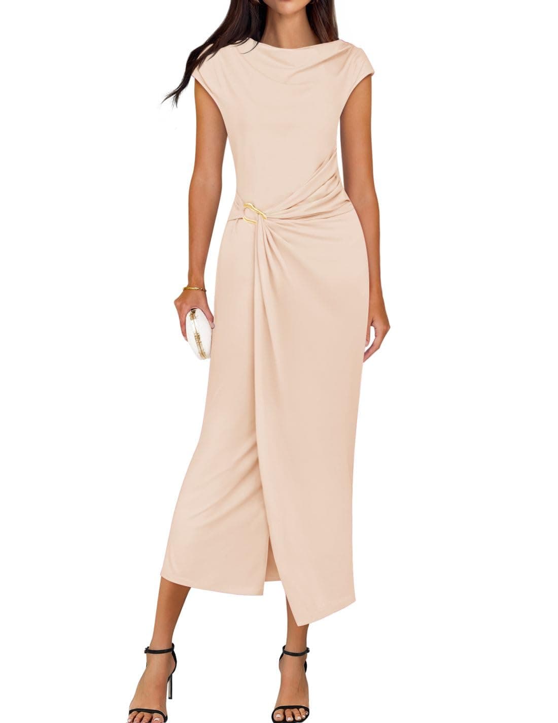 ZESICA Womens 2025 Summer Mock Neck Casual Bodycon Dress Cap Sleeve Elegant Cocktail Party Long Midi DressesApricotSmall
