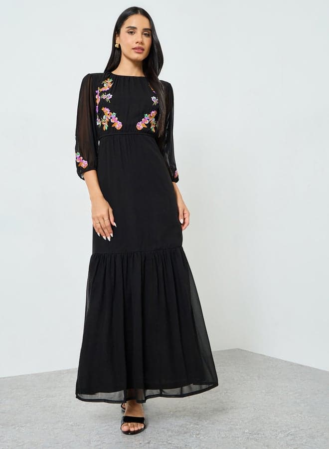 Black Embroidered Ruffled Hem Maxi Dress