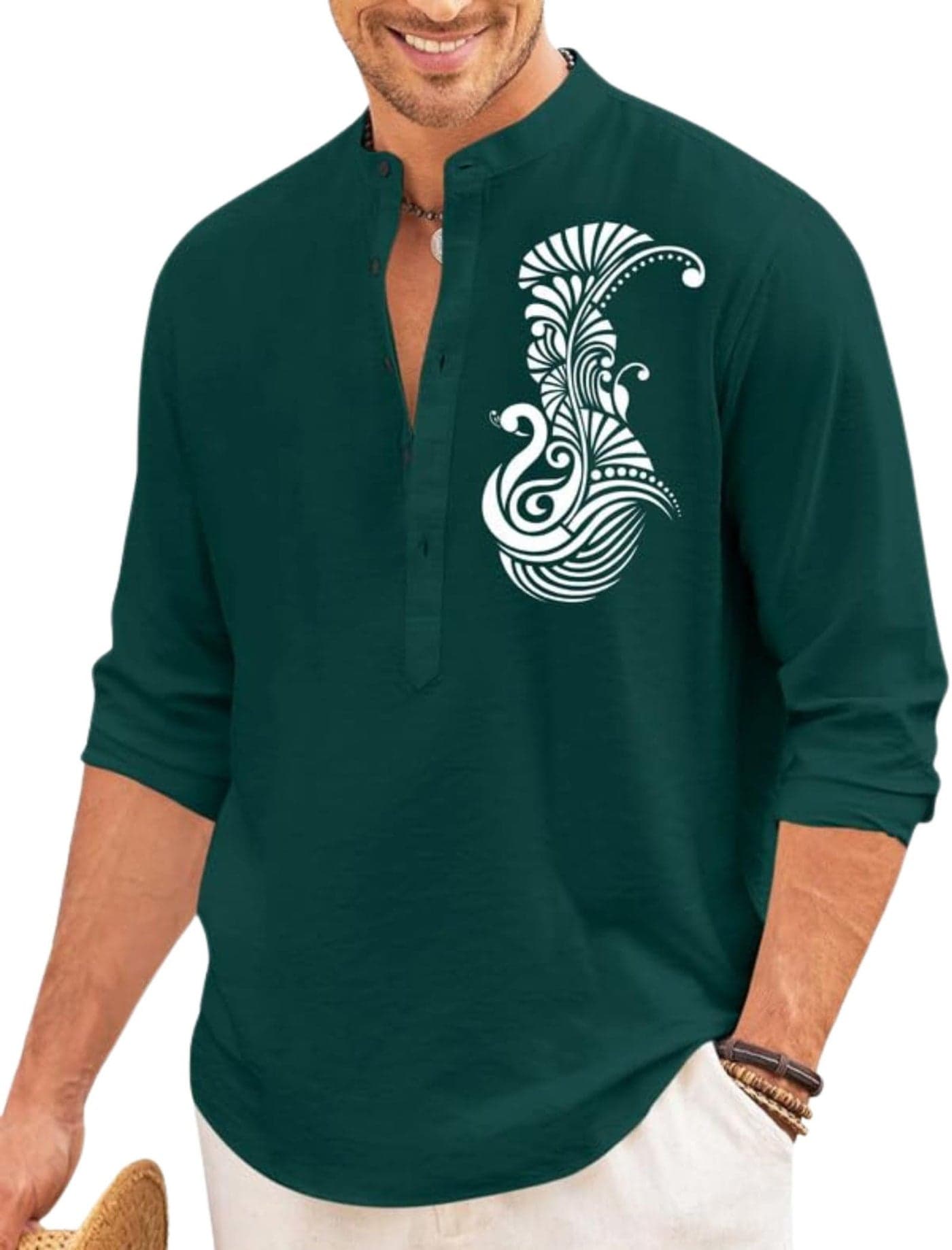 FINIVO FASHION Men’s Printed Cotton Blend Short Kurta with Artistic Chest Design | Stylish Full Sleeve Casual Kurta with Mandarin Collar for Daily, Travel Soft Textured Green