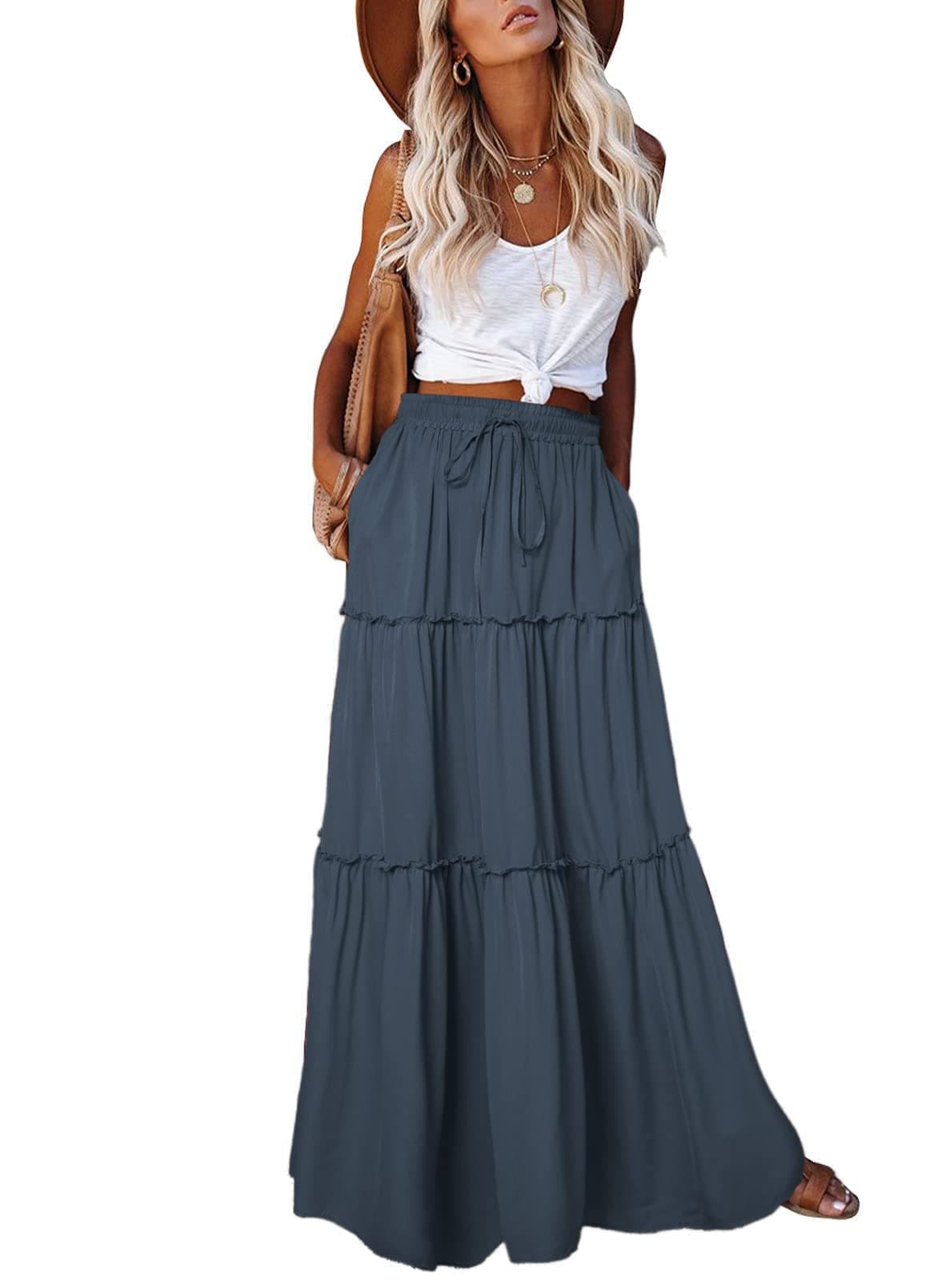 EARKOHA Womens Casual High Waist Tie Paisley Print Long Maxi Skirt with Pockets SolidGray Blue L