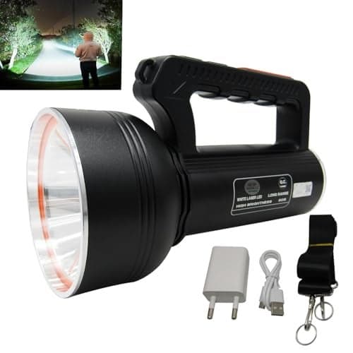 RENMAX LED Flashlight High Brightness 350W 1.5Km Range High/Low/Blinker & Tail Light (White/Red-Blue Blinker) Waterproof Dual Battery Rechargeable Torch Metal Body Black -1Pc