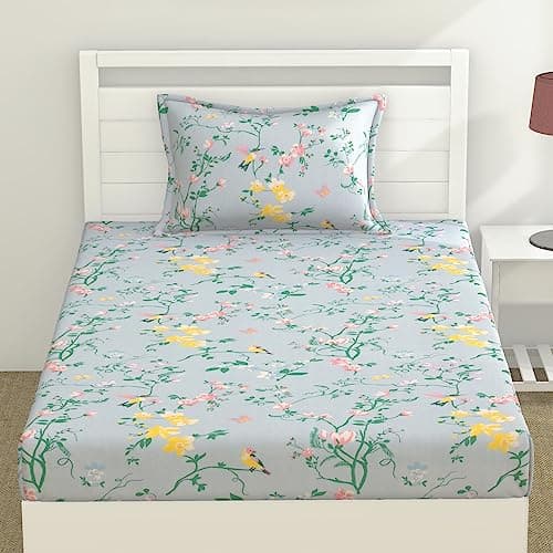 Haus and Kinder 186 TC 100% Cotton Single Bedsheet for Single Bed with Pillow Cover Cotton Single Bedsheet Blue Color