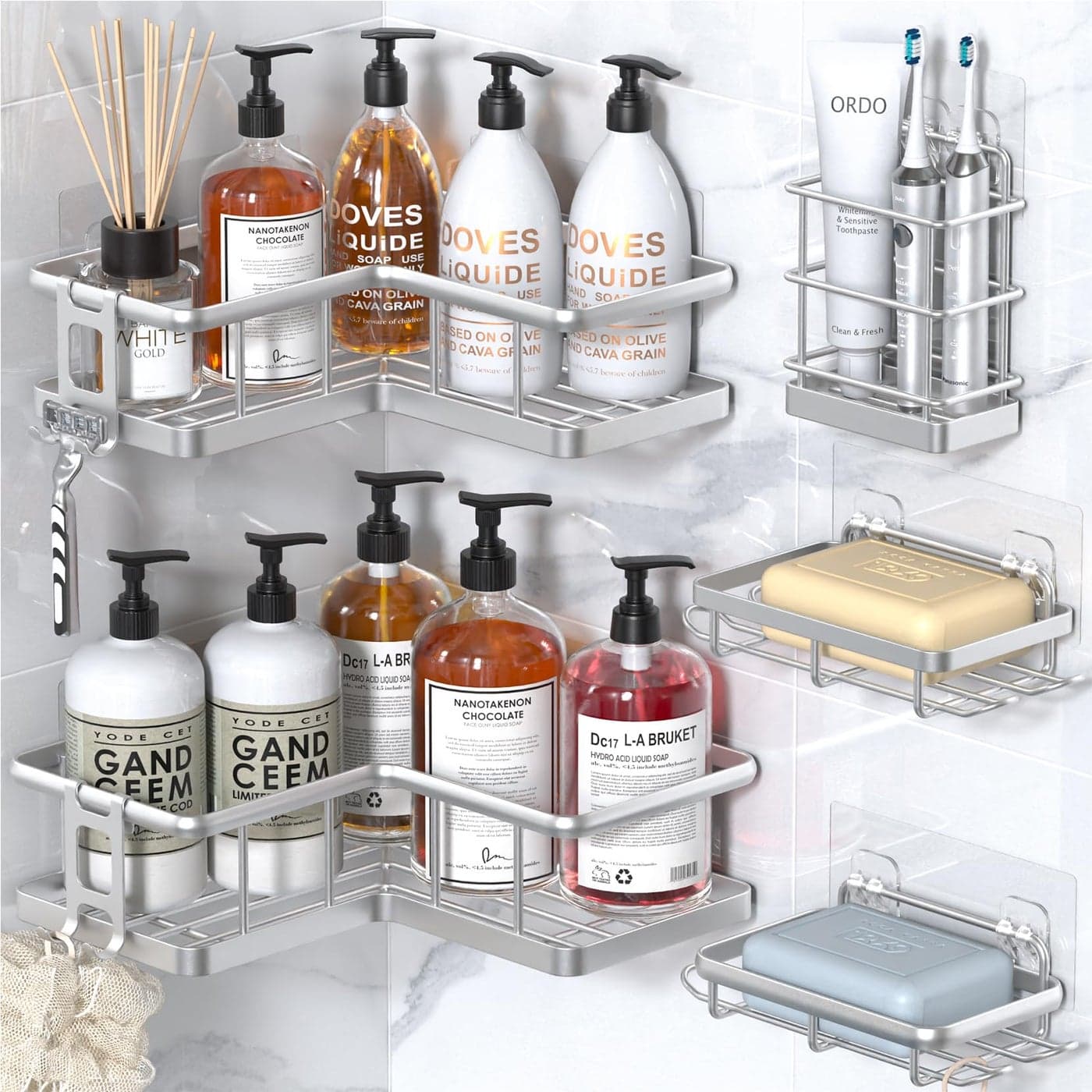 YASONIC Corner Shower Caddy Organizer 5Pack SelfAdhesive Rustproof Bath Shelves with Soap Holder 4 Hooks Large Capacity Shower Storage Rack for Bathroom Organization Silver