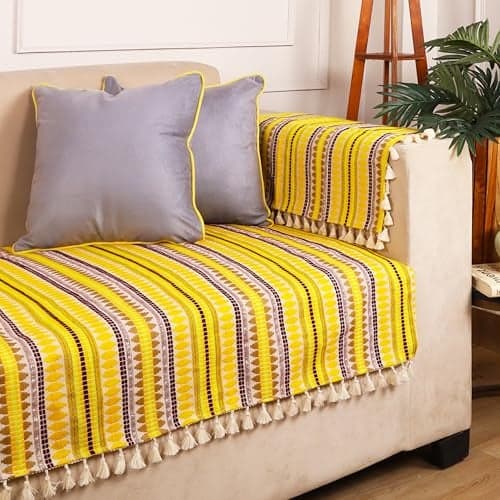 STITCHNEST Woven 2 Seater Sofa Protector with 2 Hand Rest Covers – Yellow & White Stripe Design – Washable Fabric with Tassels – Stylish Sofa Cover for Modern Living Room & Furniture Décor