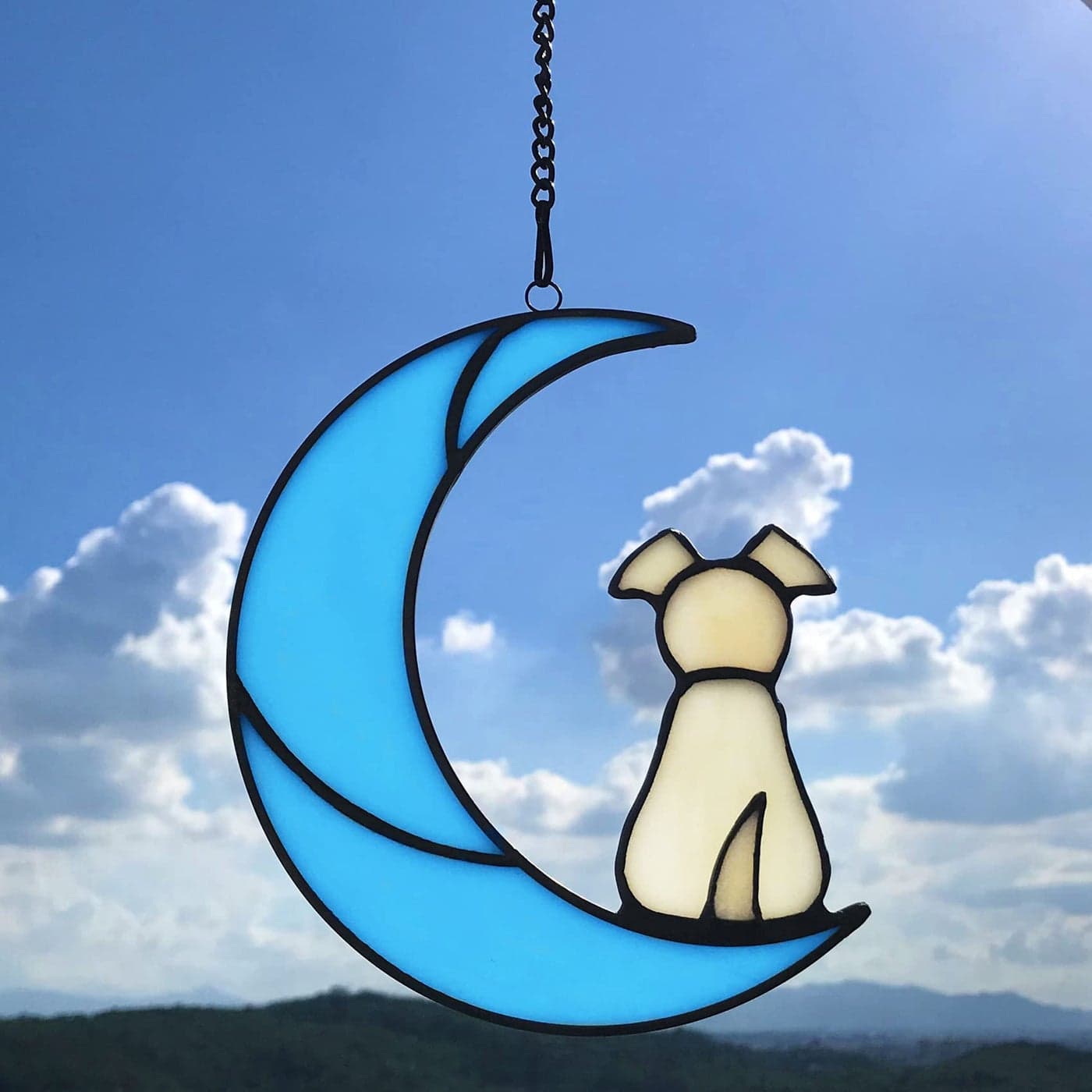 Lcensp Stained Glass Dog Memorial on Blue Moon Window Hanging Suncatcher Loss of Dog Sympathy Gift in Memory