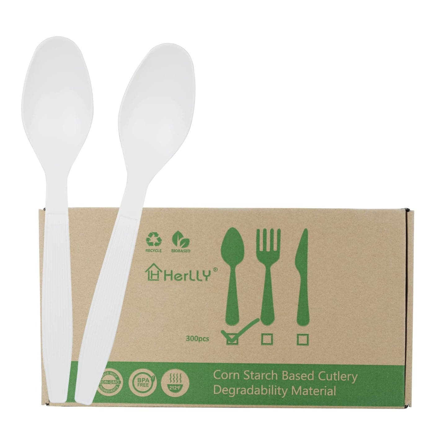 HERLLY 300 Disposable Spoons Large Biodegradable EcoFriendly Durable and Heat Resistant Alternative to Plastic Spoons