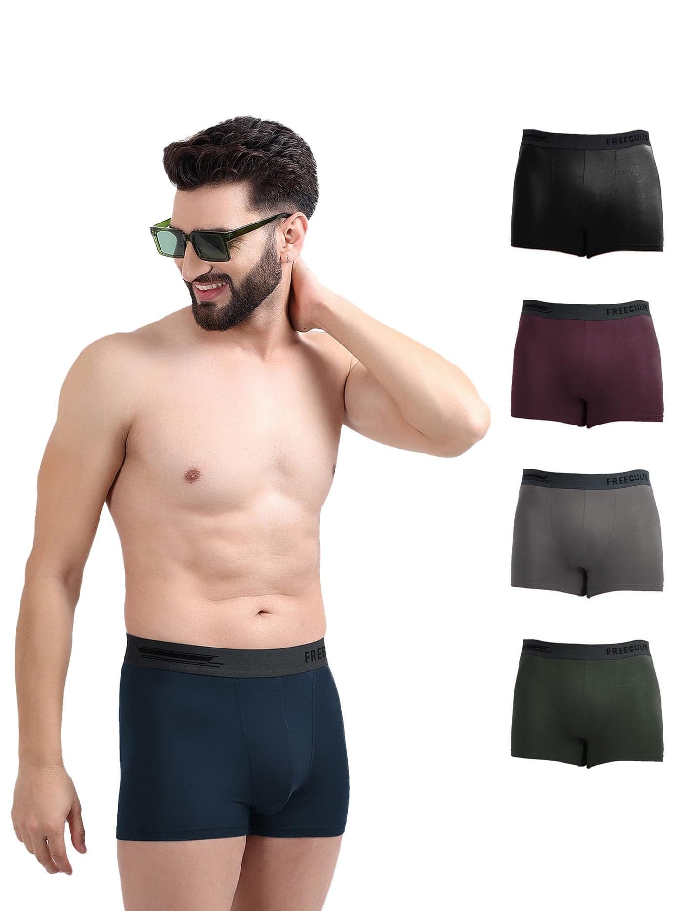 Freecultr Men's Underwear Anti Bacterial Micromodal Airsoft Trunk - Non Itch No Chaffing Sweat Proof - Prussian Blue,Pot Black,Seaweed Green,Smoke Grey,Sangria Wine Size L Pack 5