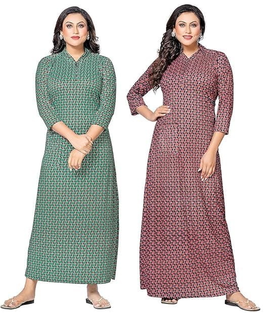 XAKALAKA Women's Winter Woolen Maxi Nighty Gown with Pocket | Free Size | Warm & Cozy Sleepwear (Pack of 2) (Green,Maroon, Free Size)