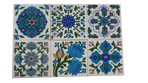Shiv Kripa Blue Pottery Luxury Floral Decorative Crafted Tabletop Flooring Wall Interior Exterior Traditional 4 x 4 inch Tiles Pack of 6 Tiles (Blue)