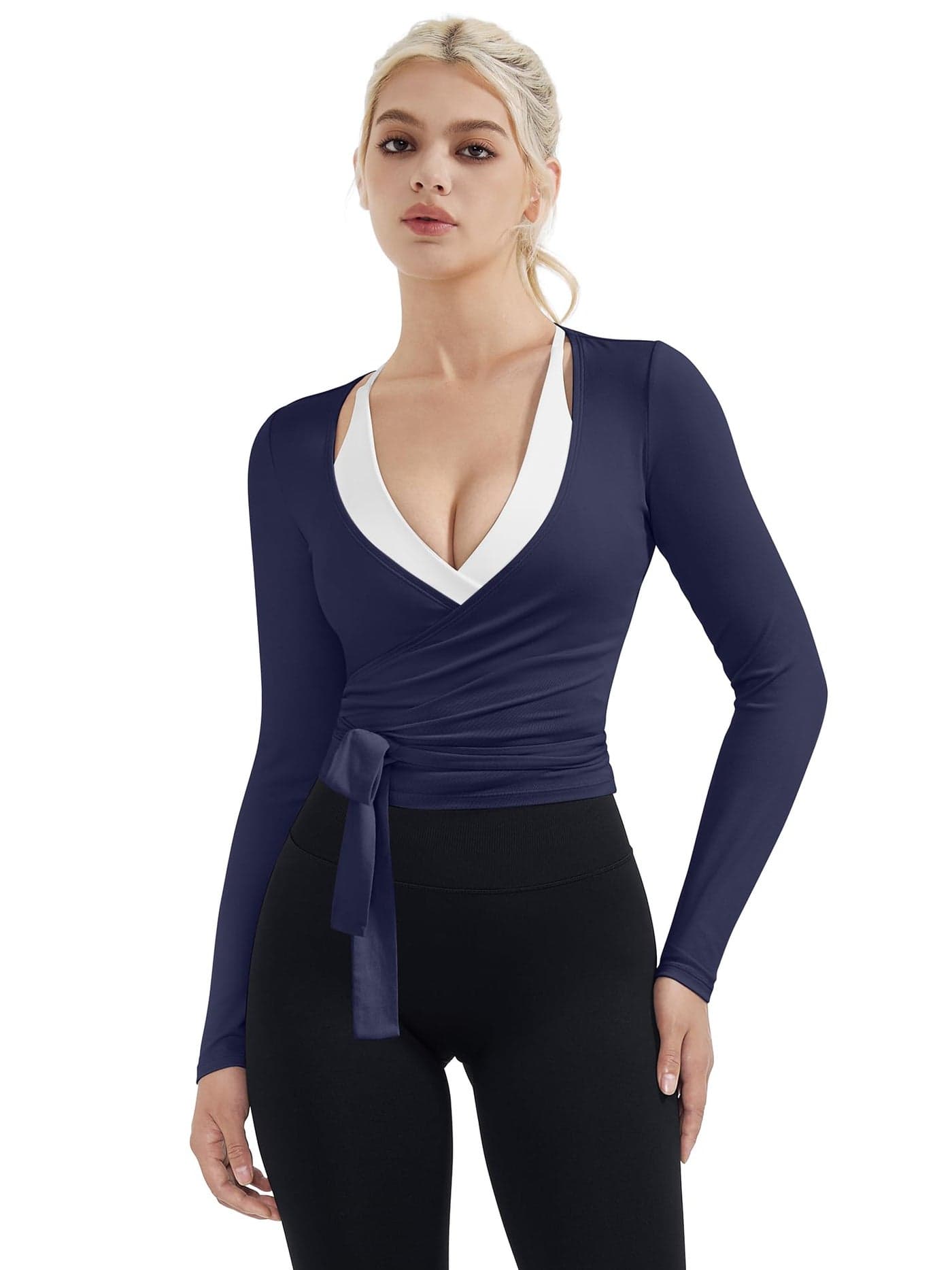 SUUKSESS Women Pilates Wrap Workout Cropped Top Ribbed Long Sleeve V Neck Tie Front Ballet Yoga Shrug Blouse(Navy Blue,S)