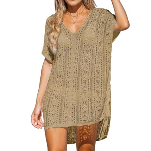SANNIDHI® Beach Wear Dress for Women Summer Crochet Cover Up for Woman Loose-fit Boho Beach Cover Ups Stylish V-neck Hollow Summer Top, Khaki (Suggest for Weight 50-70kg / Height 160cm-178cm)
