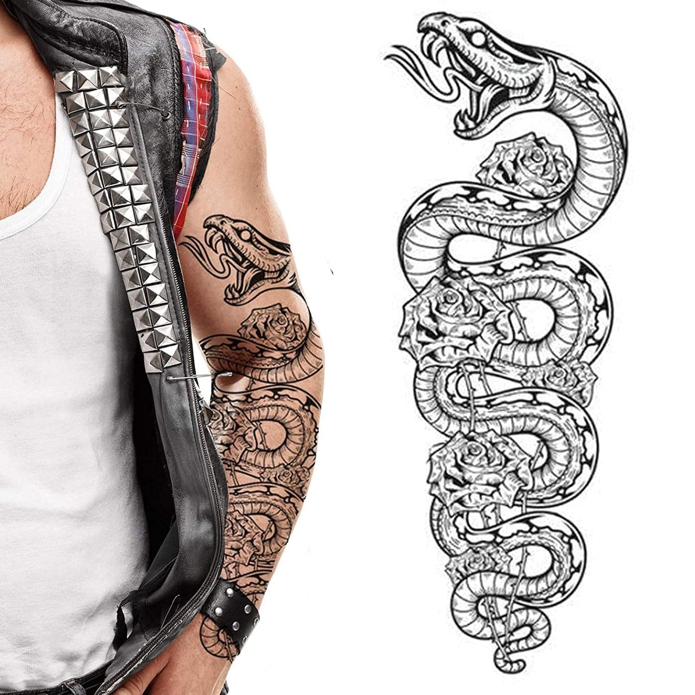 2 x Temporary tattoo full arm snake python roses stick on body art transfer for women and men cosplay halloween adult temp fake tattoo biker rocker fancy dress party cosplay