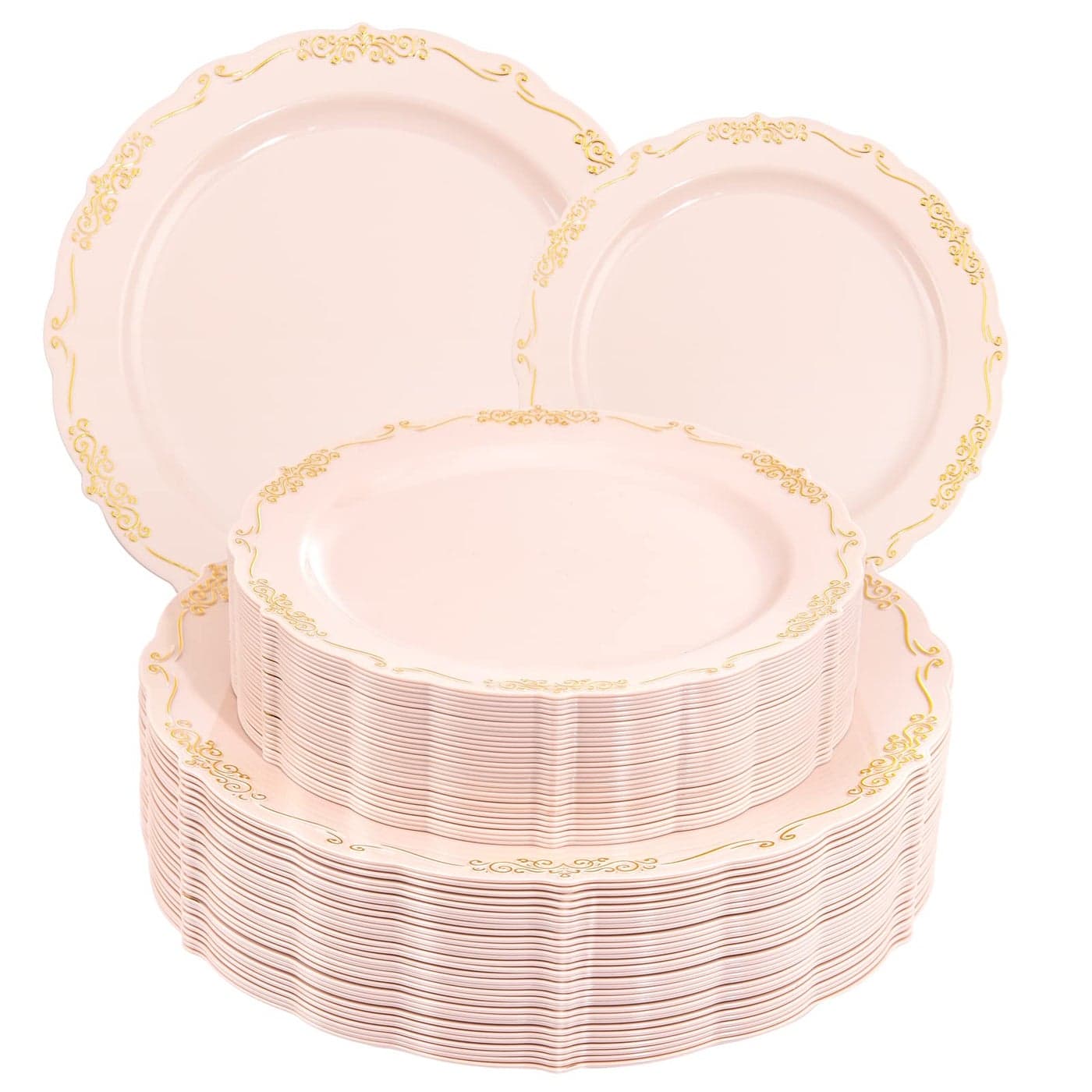 DaYammi 60 PCS Pink Gold Plastic Plates Pink Disposable Plates with Gold Rim Include 30 Dinner Plate 30 Dessert Plate for Partypink plastic plates with Vintage lace for Wedding