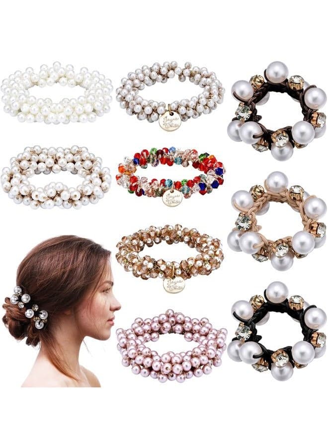 9 Pcs Hair Accessories for Women Christmas Gift Pearl Hair Ties Crystal Elastic Ropes Scrunchies Stretchy Bead Bands Ponytail Holders Boho Handmade Elastics Ties(Classic)