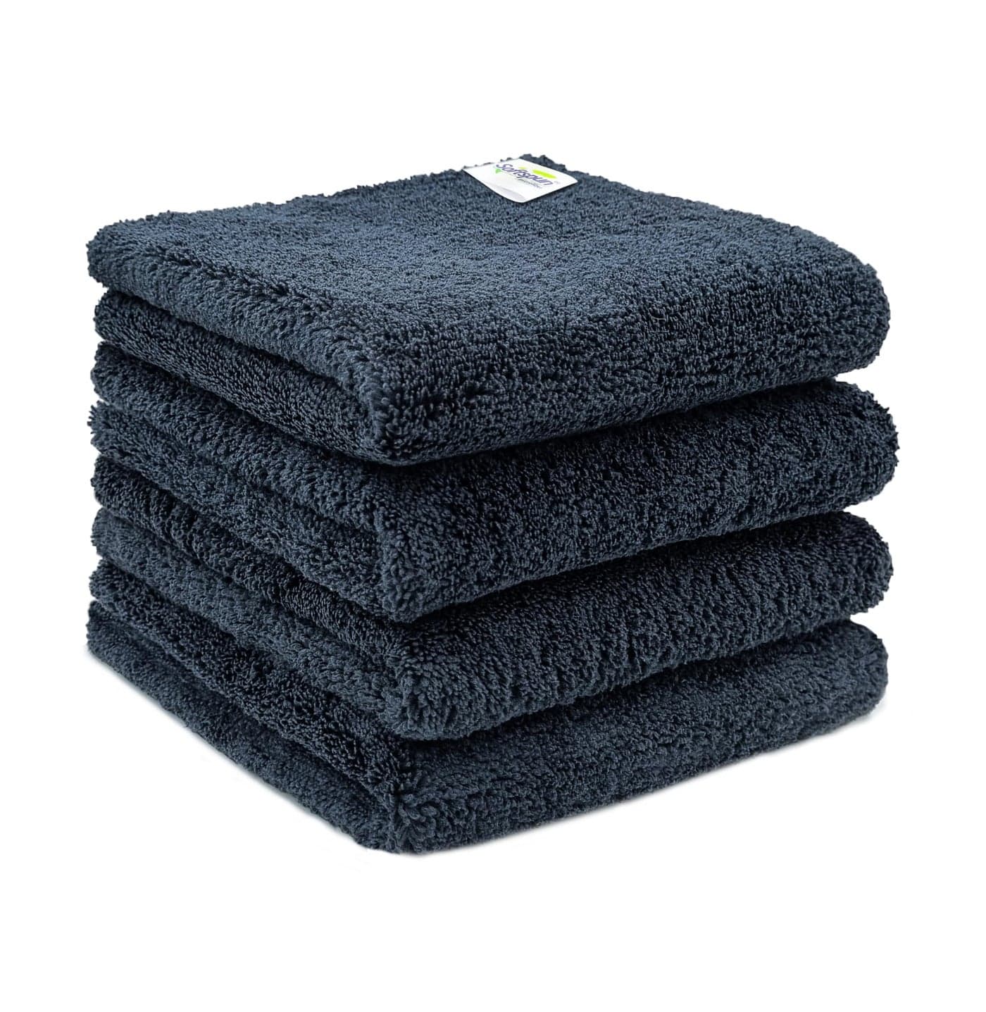 SOFTSPUN Microfiber High Loop Cleaning Cloth (4pcs 40x40cm) 380 GSM Black Thick Lint & StreakFree Super Absorbent Multipurpose Wash Towels for Kitchen Car Window Stainless Steel & Silverware.