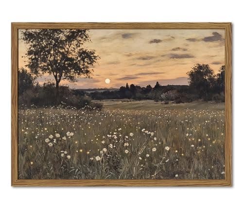 Vintage Farmhouse Wall Art Rustic Floral Wall Decor Paintings Twilight Firefly Artwork Painting Field Nature Landscape Canvas Prints for Bedroom Living Room 12x16 inch Wood Framed