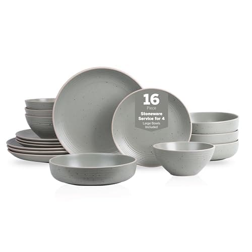 Stone Lain Lauren Stoneware, Rustic Plates and Bowls Set, Dinnerware, Service for 4, Speckled Green, Dishwasher & Microwave Safe, 16-Piece
