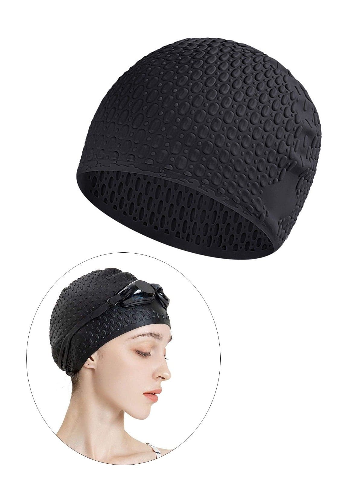 Silicone Swim Cap Non-Slip Large Swimming Caps for Long Hair Unisex Bathing Cap (Black)