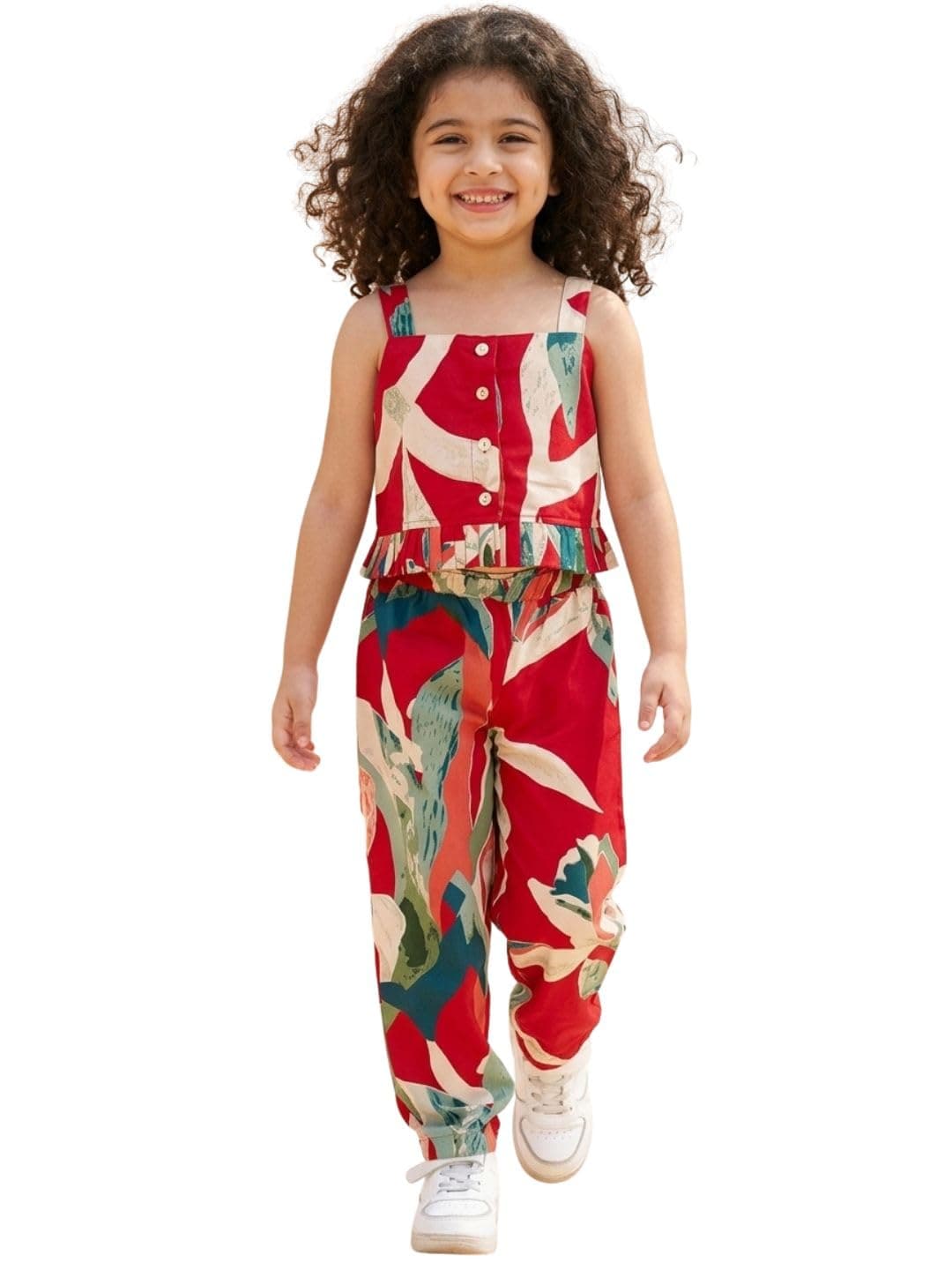 AJ DEZINES Kids Cotton Sleeveless Red Co-ords Set for Girls - Casual Outfit | Vacation Wear |Beach Dress |Tropical Printed Top Pant for girls (G-CO-2032-RED-9-10Y-32)