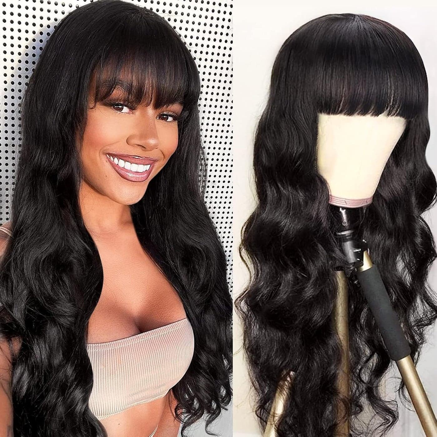 Body Wave Wigs with Bangs Human Hair Wigs for Black Women None Lace Front Wigs 150 Density Brazilian Virgin Hair Glueless Machine Made Wig Natural Color20 Inch Body Wave
