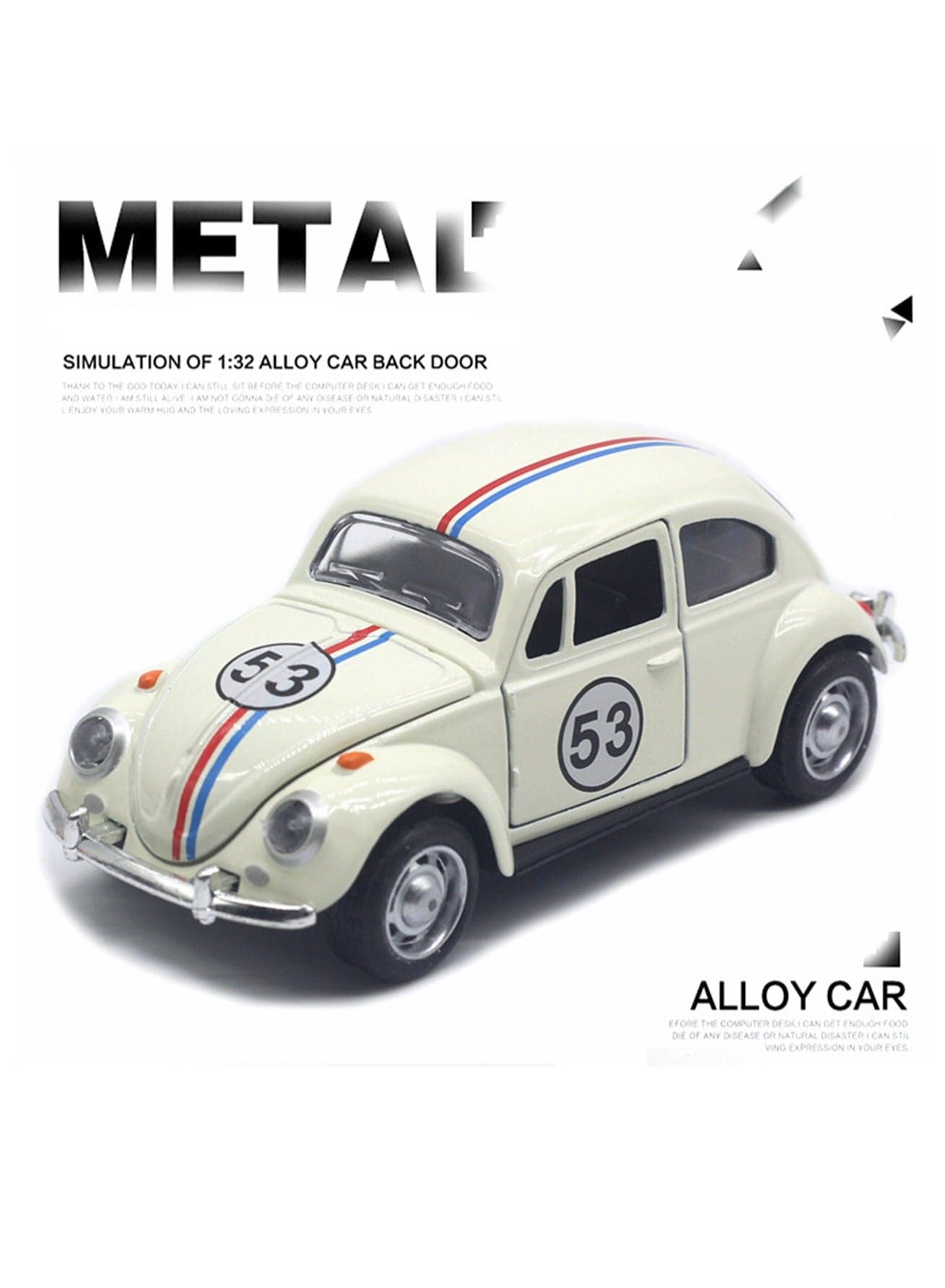 1967 Classic Beetle Retro 1/32 Scale Die-cast Metal Pull Back Car Model Toy, Desktop Decoration Suitable for Children's Gift (Off-white Racing Car)