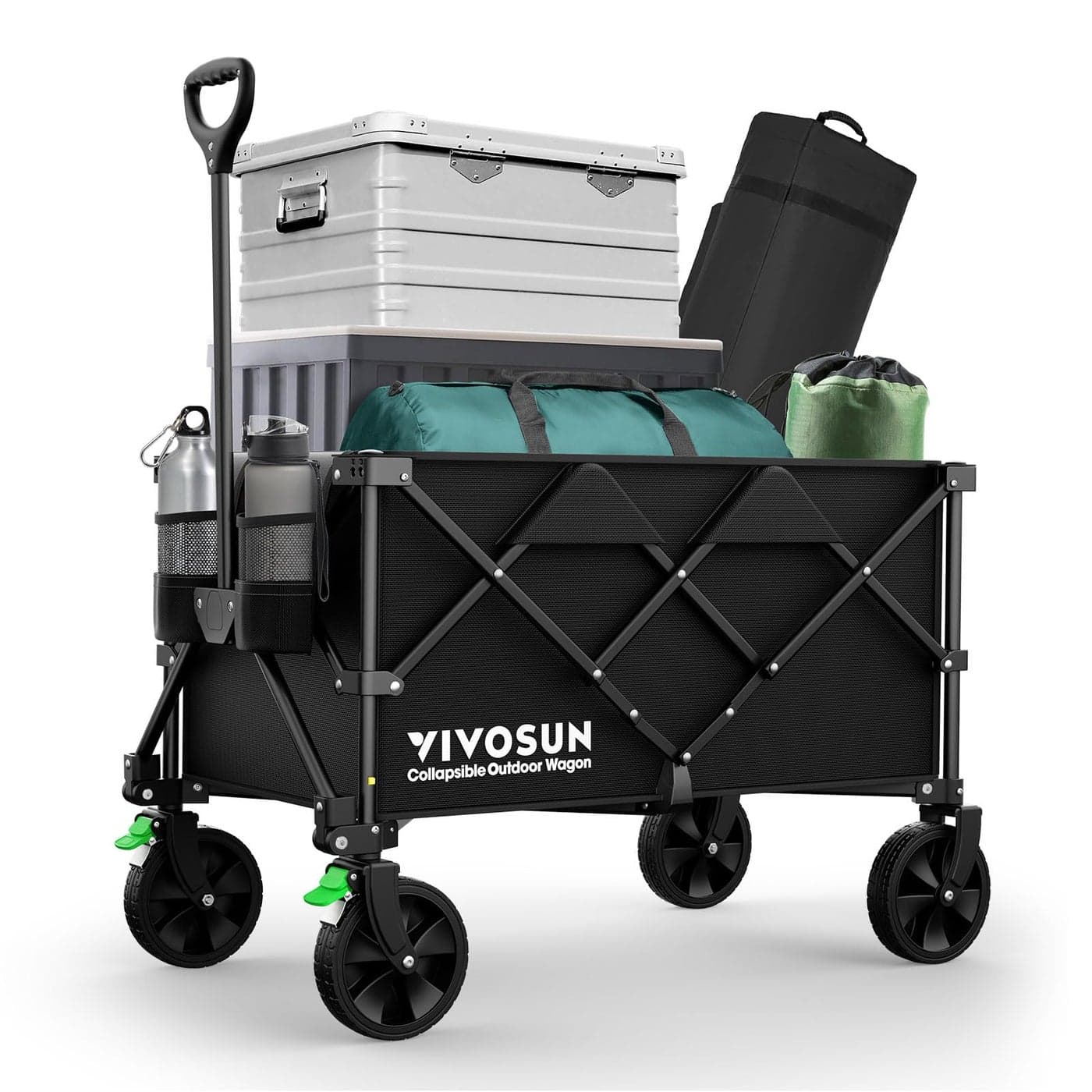 VIVOSUN Collapsible Folding Wagon 350 lb LoadBearing Outdoor Utility Cart with Silent Universal Wheels Cup Holders Side Pockets Adjustable Handle for Camping Garden Sports Picnic Shopping