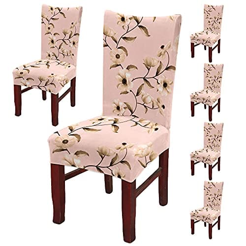 BRIDA Poly Cotton Spandex Stretchable Floral Printed Dining Chair Covers (6 Chair Cover, English Pink)