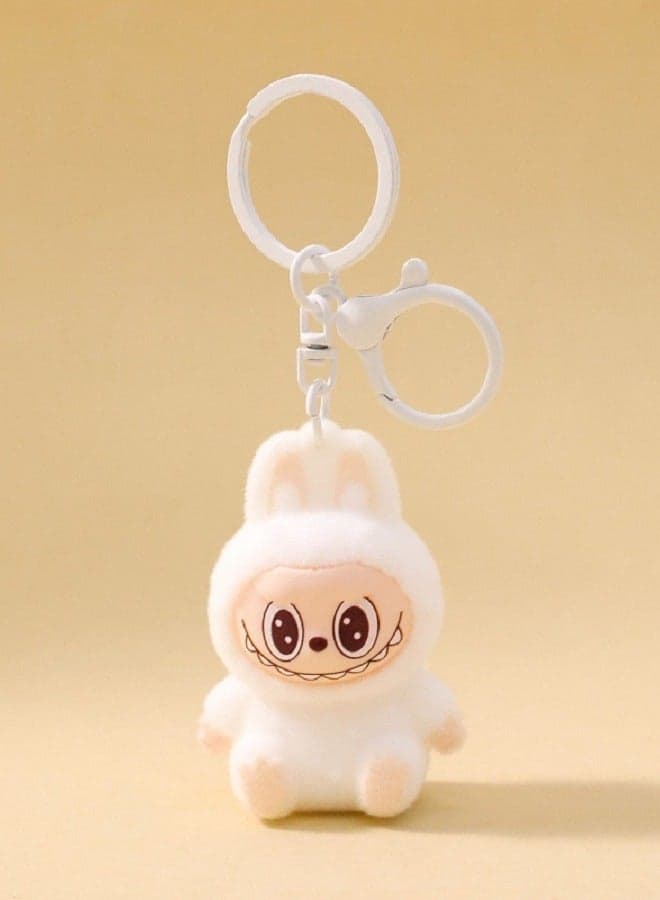 Flocked Keychain Charm, Cute - Labubu - Plush Bag Accessory, White Mini Figure, Creative Gift For Boys Girls Kids Birthday