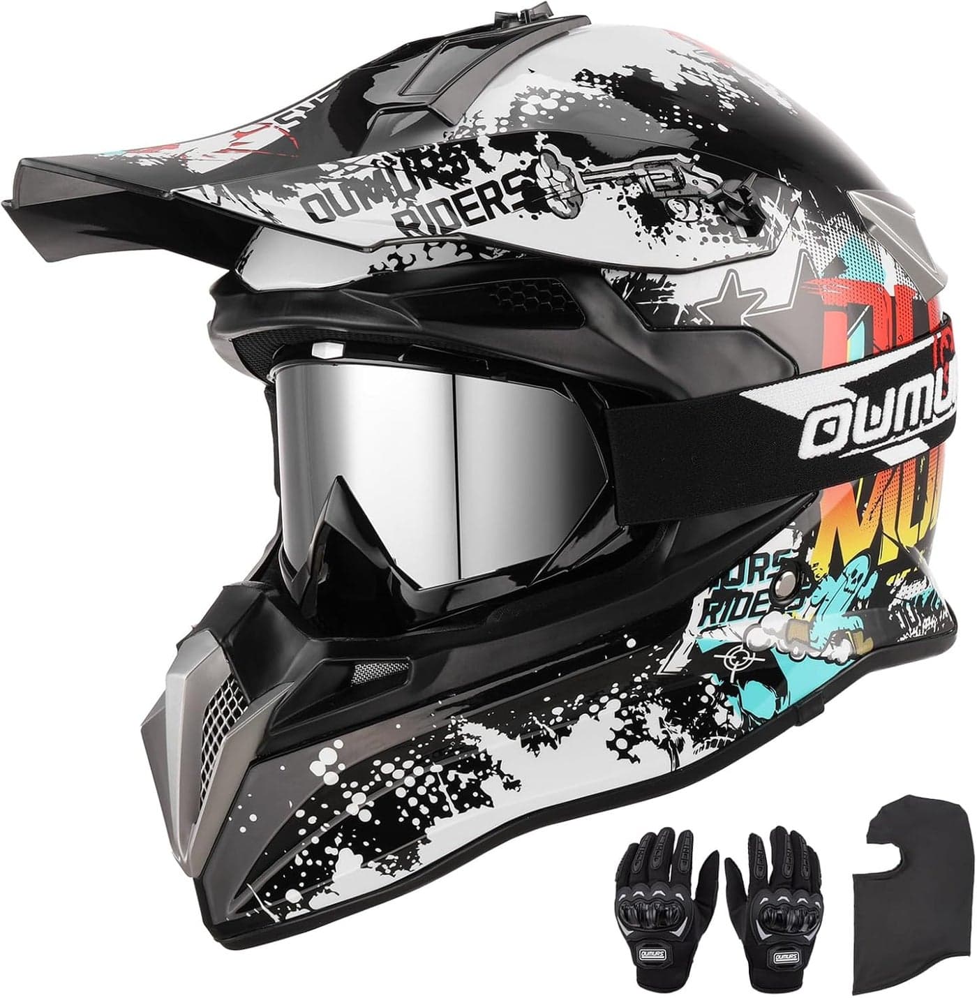 OUMURS DOT Adult Dirt Bike Helmet with Goggles, Gloves & Mask - Adjustable Sun Visor for Off-Road Motocross