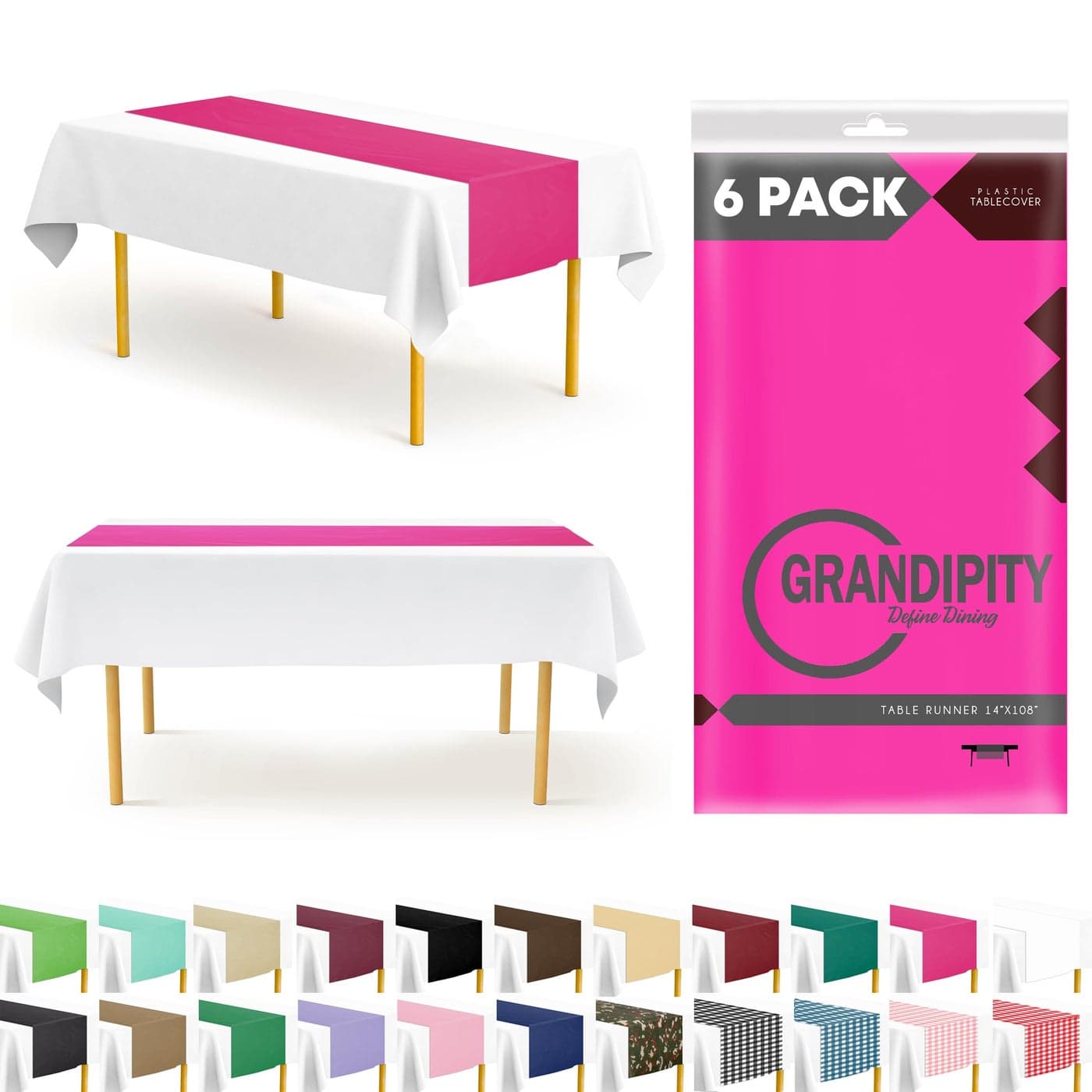 Grandipity Hot Pink 6 Pack Premium Disposable Plastic Table Runner 14 x 108 Inch Table Runner for Dinner Parties Events