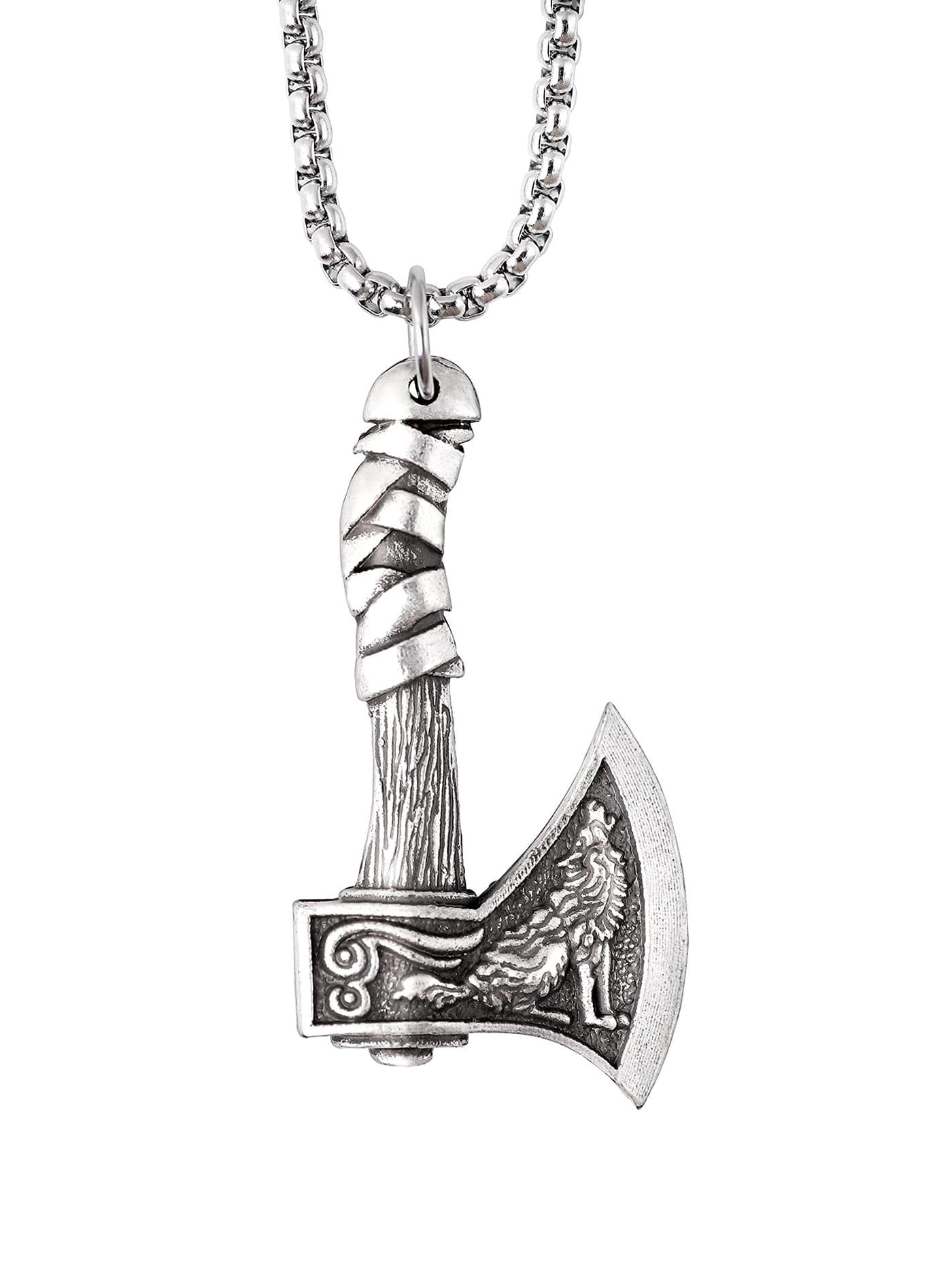 HAQUIL Viking Battle Axe Necklace, Wolf Raven Axe Amulet Pendant, Stainless Steel Box Chain, Authentic Viking Jewelry Men (AD)