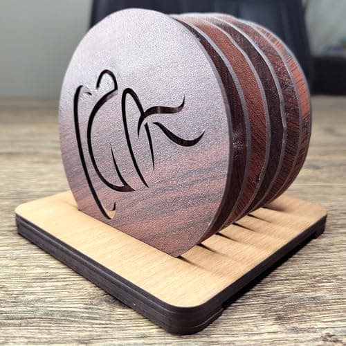 WallDaddy Coaster Set of 6 for Dining Table MDF Coaster Set Wooden Coaster for Office Table | Coaster Set for Restaurant | Tea & Coffee Pattern Coaster Set with Stand