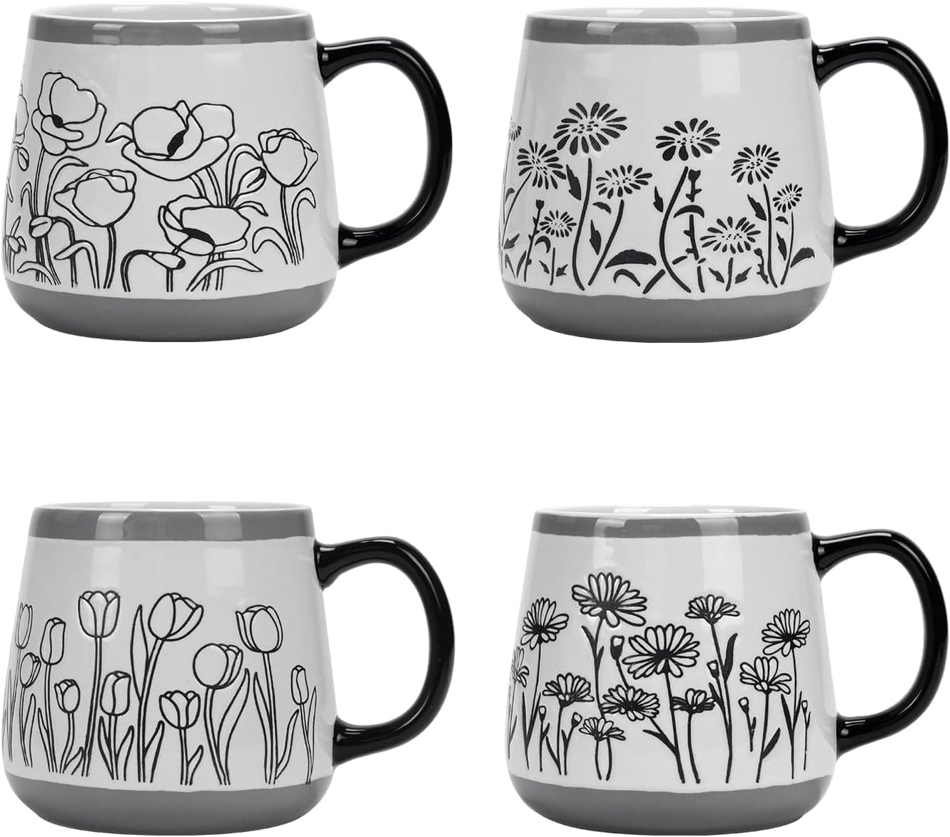 Schliersee 16 OZ Floral Coffee Mugs Set of 4 16 Ounce Mug Large Porcelain Mug for Man Woman Floral Cup for Latte Hot Tea Cappuccino Mocha Cocoa Housewarming Wedding Present