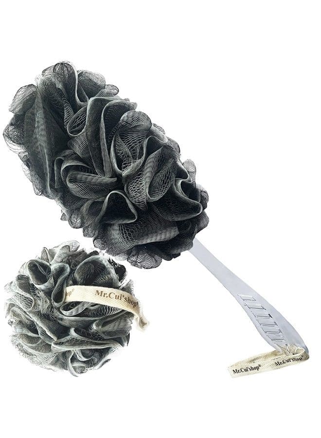 2 pcs/set Bamboo Charcoal Exfoliating Loofah Bath Back Brush On a Stick - Long Handle With Radian is Ergonomic For Men and Women - 1 Shower Sponge Body Back Scrubber and 1 Shower Sponge Pouf Mesh