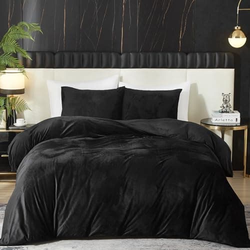 Ivellow Velvet Duvet Cover King Set Black Velvet Duvet Cover King Comforter Cover 3Pcs Ultra Soft Duvet Cover Breathable Solid Luxury Flannel Velour Duvet Cover Zipper Closure Corner Tie