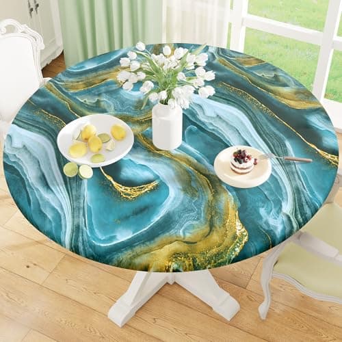 misaya Round Fitted Tablecloth with Elastic Edge, 100% Waterproof Oil Proof Plastic Table Cover, Vinyl Flannel Backed Tablecloth Fits 36"-44" Round Tables for Dinner, Outdoor, Picnic, Ripples