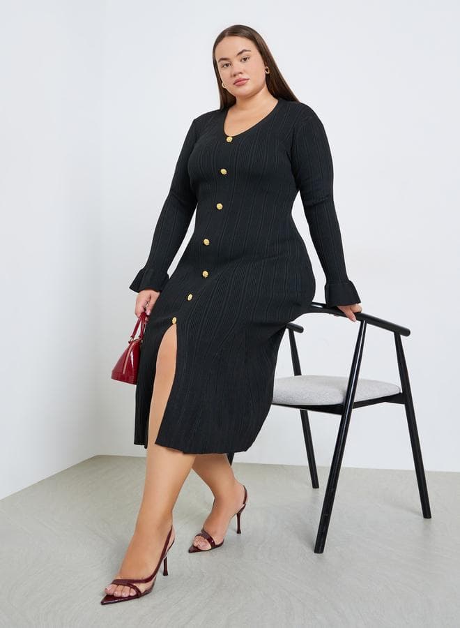 Plus Size Ribbed Knit Button Detail Midi Dress — 20