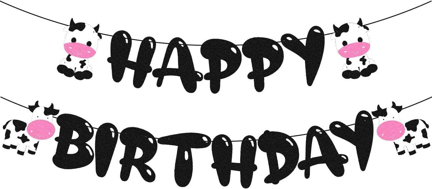 Festiko®Holy Cow Birthday Banner Happy Birthday Sign Garland for Kids Boy Girl’s Cow Farm Zoo Animal Themed First 2nd 3rd Bday Party Supplies Glitter Black Decorations