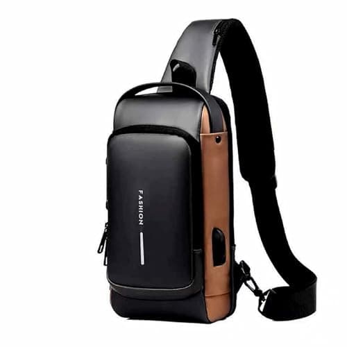 LATIQ MART Crossbody Sling Bag For Men Women, Anti-Theft Fashion Chest Bag with USB Charging Port, Messenger Bags, Waterproof Casual Shoulder Bag (Black & Golden)