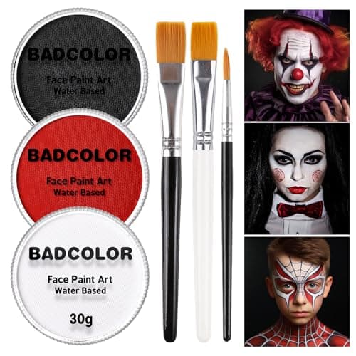 White Black Red Joker Clown Face Body Paint with Brushes for Halloween Makeup Water Based Face Painting Kit Non Toxic for Kids Adults Facepaint Set for Skull Witch Goth Vampire SFX Cosplay Make Up