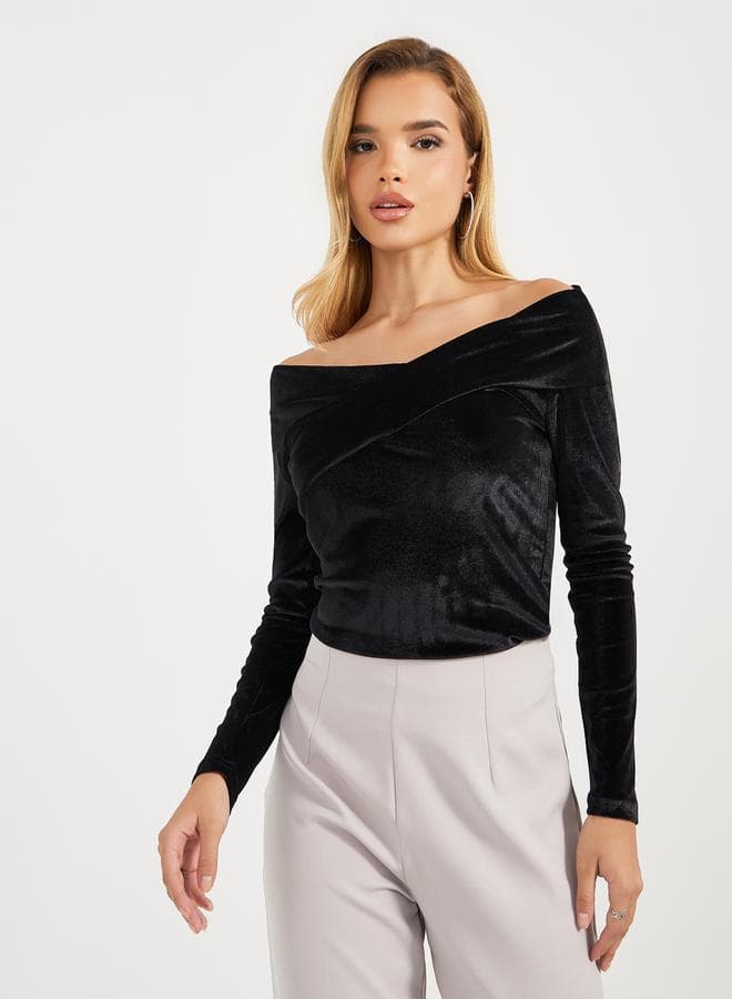 Off Shoulder Neck Velvet Knit Top