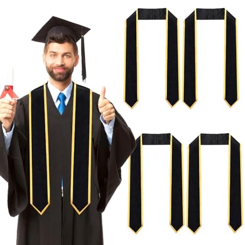 Lawei 4 Pieces 72 Inch Unisex Graduation Stole, Adult Plain Graduation Sash Honor Classic End With Trim for Academic Commencements, 2024 Personalized Graduation Sash Gift, Black