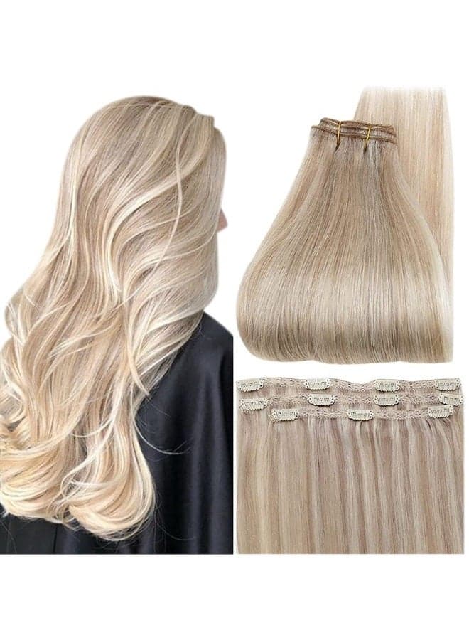 Clip in Hair Extensions Highlight Blonde Human Hair Extensions Double Weft Ash Blonde And Platinum Blonde Invisible Clip in Extensions for Women Natural Ends 3Pcs 60G 20Inch
