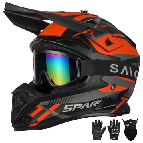Adult Motocross Helmet ATV Dirt Bike OffRoad Full Face Motorcycle Helmet WGoggles Gloves Mask DOT Approved Vitality Orange Large